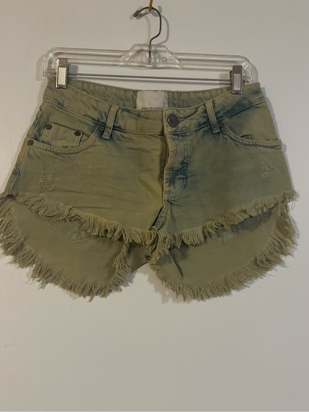 One Teaspoon Olive Green Frayed Denim Shorts